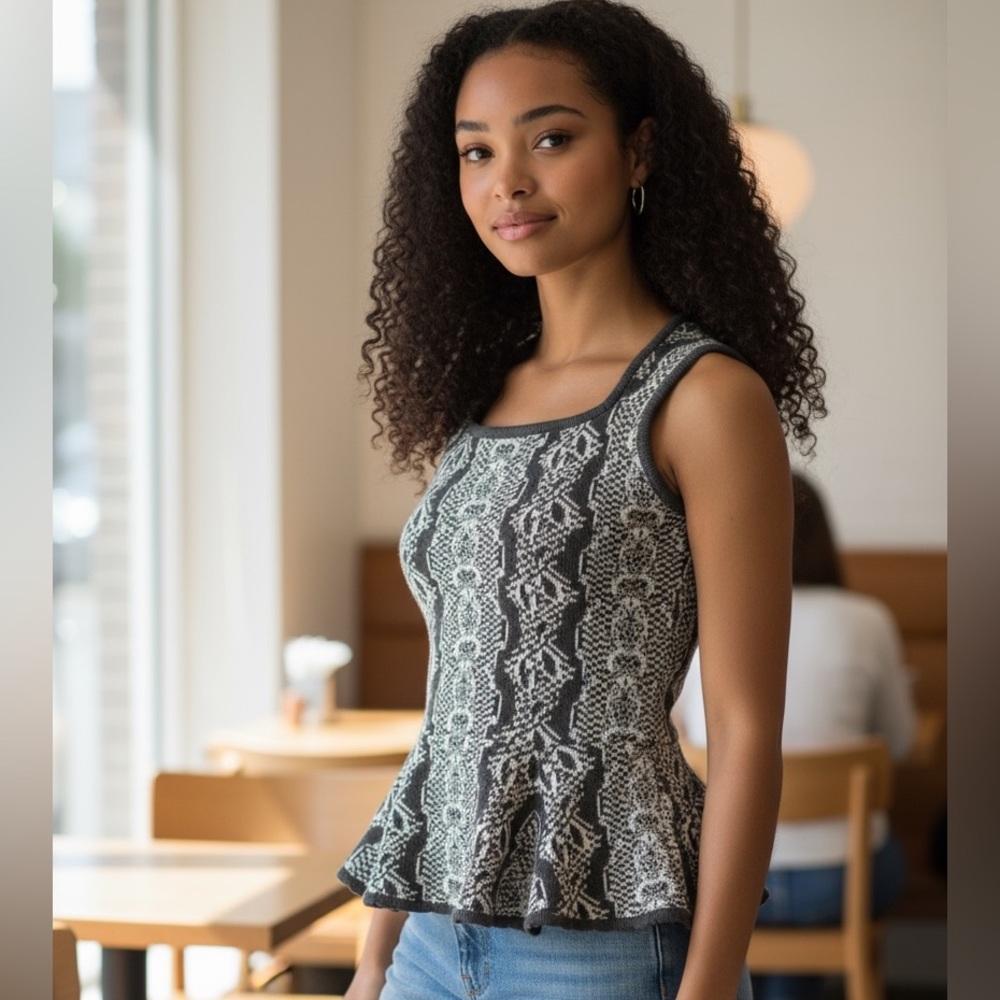 CAbi #887 Grey and Off White Peplum Knit Top